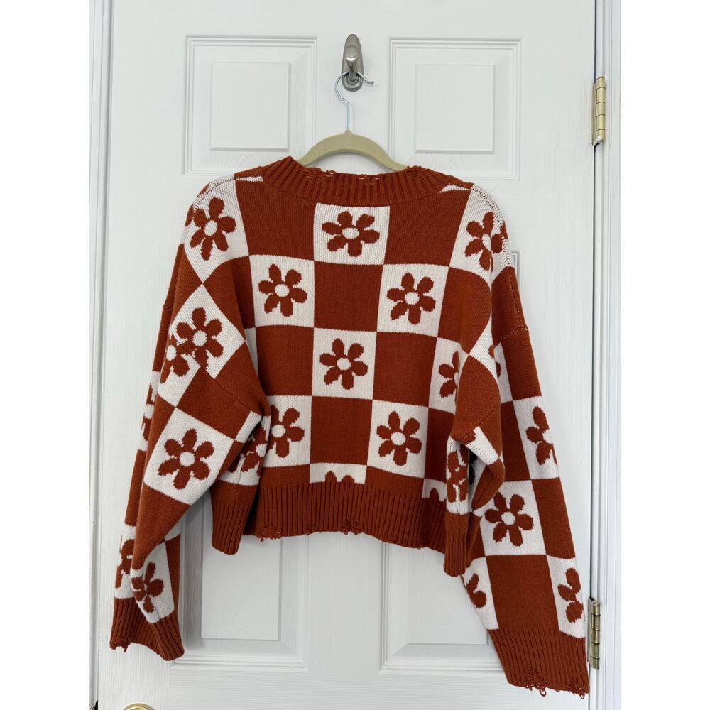 Pol Woman's Daisy‎ Flower Rust Brown Cropped Sweater Large Checkered Raw Hem - Picture 6 of 11